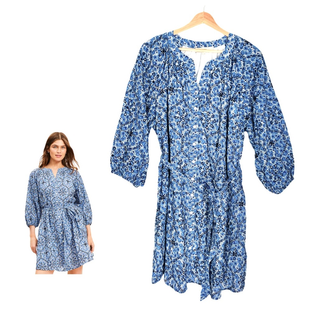 Loft Blue White Floral Embroidered Split Neck Shirtdress Size XL